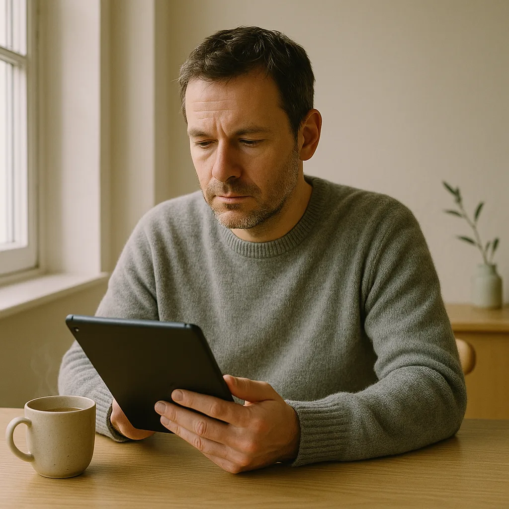 Image symbolique : personne lisant tranquillement sur une tablette à la maison